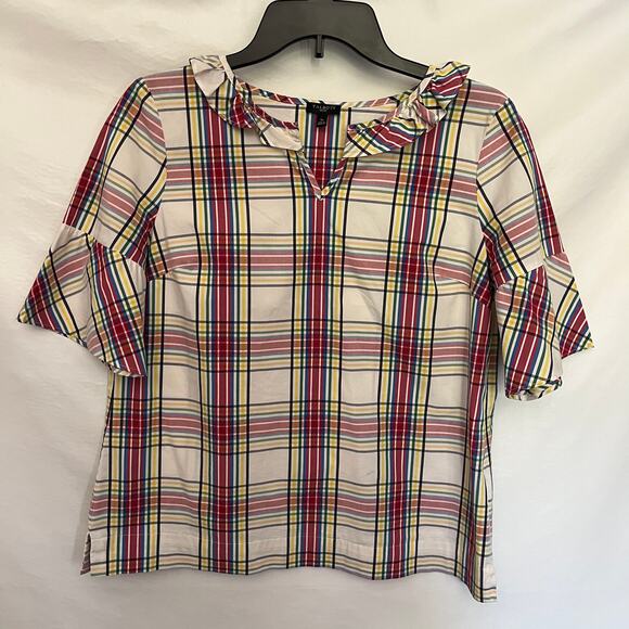 Talbots Plaid Bell Sleeve Womens Top Small Petite White Ruffles Academia Preppy - Picture 16 of 16